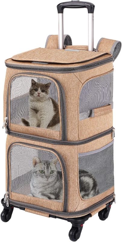 Photo 1 of Double Pet Carrier Backpack with Wheels for Small Cats and Dogs, Rolling Cat Travel Carrier, Super Ventilated Design, Ideal for Traveling/Hiking/Camping, Khaki