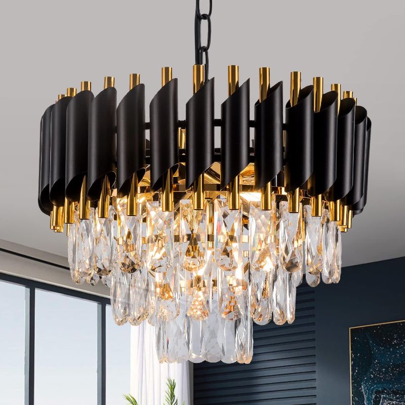 Photo 1 of 3-Tier Black Gold Crystal Chandelier 5-Light 15’’ Modern Crystal Pendant Chandelier Ceiling Light Fixture Crystal Hanging Lighting for Kitchen Island Dining Room Foyer Entryway Bedroom