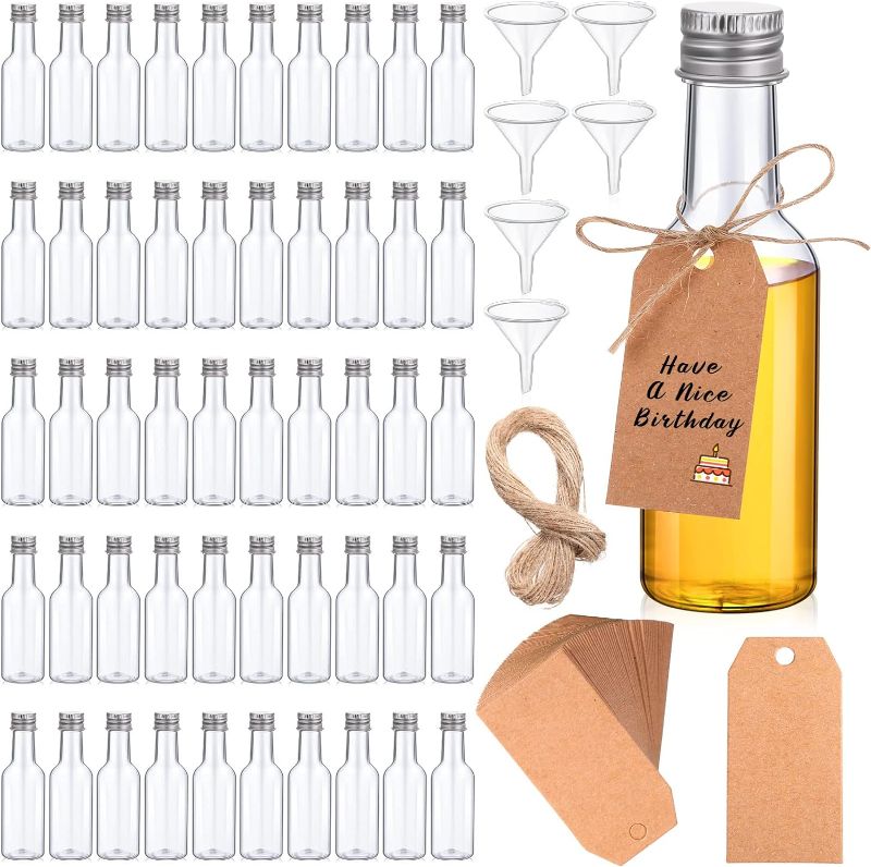Photo 1 of 100 Pcs Mini Liquor Bottles Set, 1.7oz Plastic Spirit Bottles Mini Plastic Alcohol Shot Bottles with Caps, 6 Liquid Funnels and Kraft Tags with 65 ft Ropes for Party (Silver Cap)
