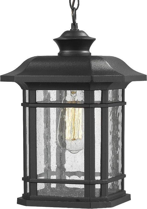 Photo 1 of Emliviar Modern Exterior Pendant Light Lantern, 14" Outdoor Hanging Light in Black Finish with Seeded Glass, A2202110D1
