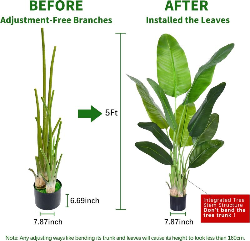Photo 1 of **USED** Artificial Bird of Paradise Plant, Fake Tree with Realistic Leaves and Durable pots, Adjustment-Free Branches Artificial Tree for Indoor Outdoor Home Decor (5FT 2Packs)
