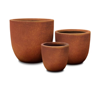 Photo 1 of 18", 14" and 10"W Iron Oxide Finish Concrete Round Set of 3, Outdoor/Indoor Planter Pots Lightweight w/ Drainage Hole
*HEAVY-unknown if other 2 pots are not cracked**