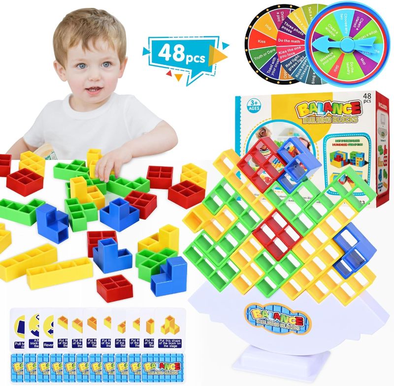 Photo 1 of 48PC Tetra Tower Game with Punishment Spinning Wheel, Balance Stacking Block Game Family Games for Kids Adults Stack Attack Board Games for Family Night