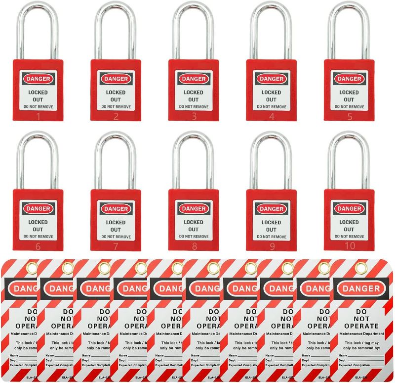 Photo 1 of 10 Keyed Different Lockout Tagout Locks with 10 Lock Out Tag Out Tags - Loto Safe Padlocks for Lock Out Tag Out Stations and Devices with Number 1-10 (Keyed Different, 10 Locks with 10 Tags)
