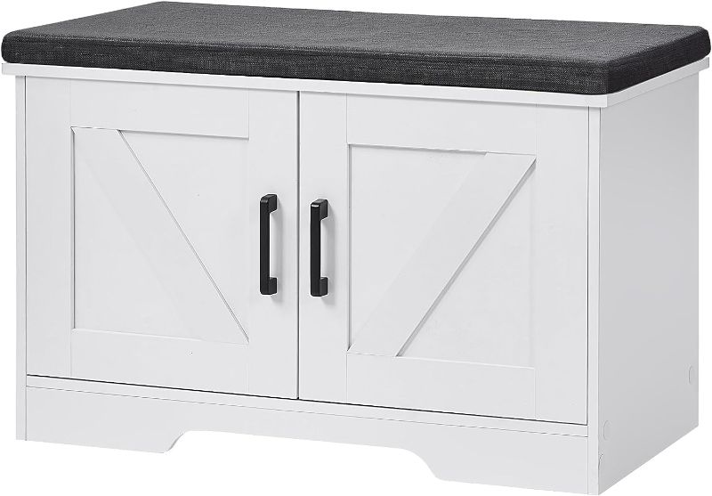 Photo 1 of 2-Tier Storage Bench,Shoe Bench with Padded Seat Cushion, Entryway Bench with 2 Barn Doors,Adjustable Shelf, 27.6" L x 13.8" W x 17.7" H, for Entryway, Living Room, Bedroom,White