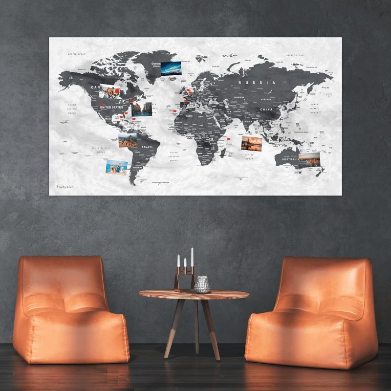 Photo 1 of World Map XXL 51 x 28 inches, Travel Pin Board with Fleece Surface in Modern Wall Art Design, 20 Flag Push Pins included
