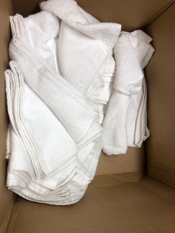 Photo 3 of **USED AND THIN** Towels N More 12 Pack White 22x44 Bath Towel 100% Cotton Loop for Absorbent Easy Care-Home, Gym, Hotels/Motels, use  ***USED NOT IN ORGINIAL PACKAGE *** 