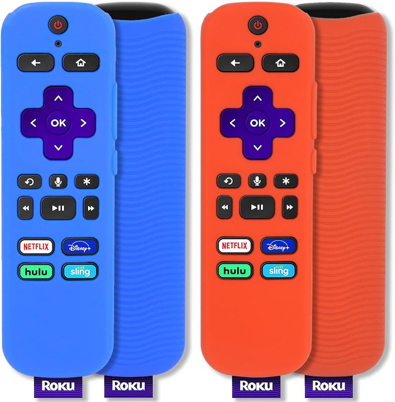 Photo 1 of [2 Pack] Silicone Protective Case Compatible with Roku Voice Remote, Pinowu Anti-Slip Shockproof Remote Cover Compatible with Roku Express 4K+ 2021 Remote (Red+Blue)
