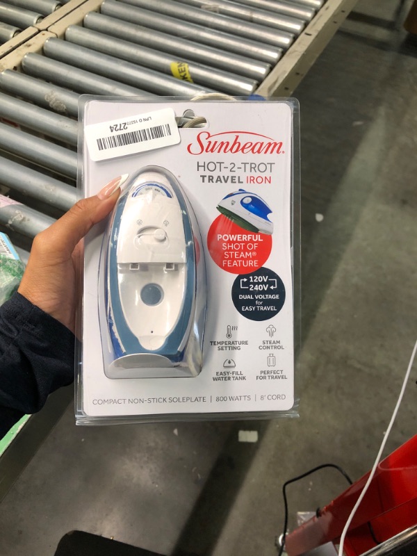 Photo 2 of ***BROKEN HANDLE*** Sunbeam Hot-2-Trot Travel Steam Iron, 800 Watt Dual Voltage 120/240, Compact Size, Portable, Non-Stick Soleplate, Soft Touch Handle, Horizontal or Vertical Use, White and Blue Light Blue