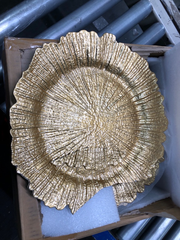 Photo 3 of *** retail price $30 ,comes with 12. one is broken **
Henilosson 13 inch Gold Charger Plates,Round Plastic Reef Plate Chargers for Dinner Plates,Wedding,Party Elegant Decoration Place mats (6, GOLD) 6 Reef Gold