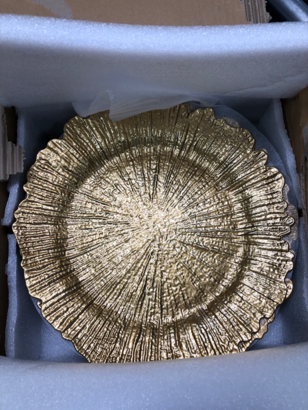 Photo 4 of *** retail price $30 ,comes with 12. one is broken **
Henilosson 13 inch Gold Charger Plates,Round Plastic Reef Plate Chargers for Dinner Plates,Wedding,Party Elegant Decoration Place mats (6, GOLD) 6 Reef Gold