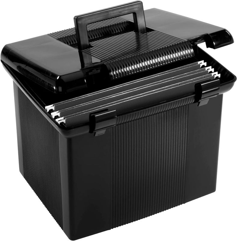 Photo 1 of ** LEFT CLUTCH IS BROKEN**
Pendaflex Portable File Box with File Rails, Hinged Lid with Double Latch Closure, Black, 3 Black Letter Size Hanging Folders Included (41742AMZ)
