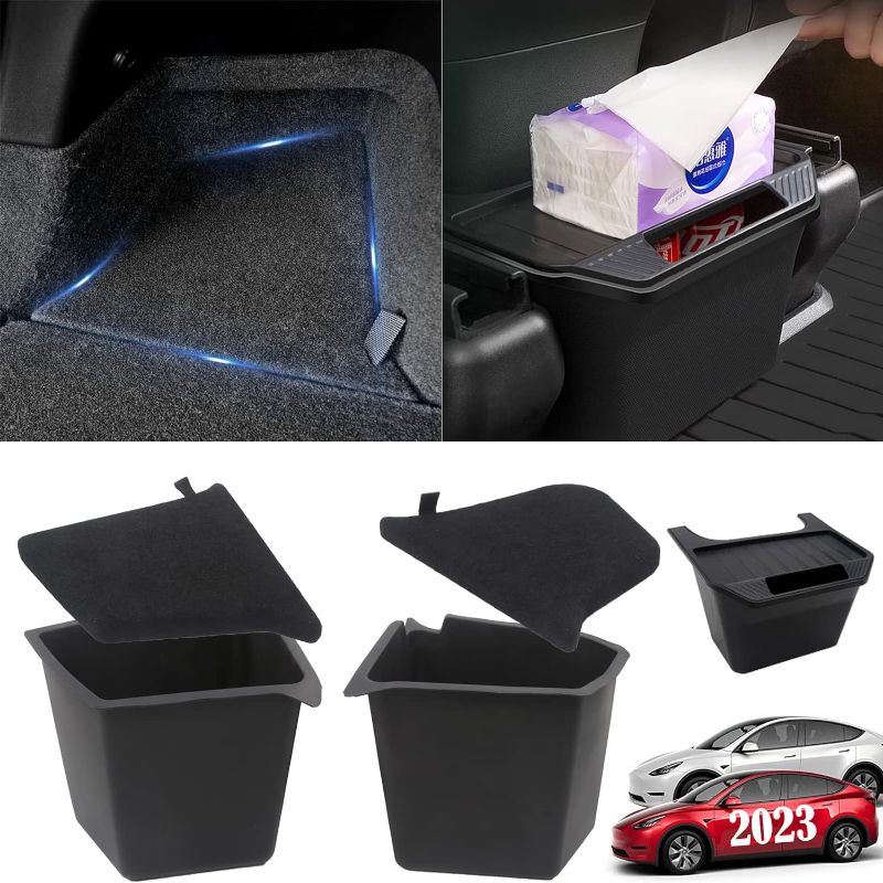 Photo 1 of 2024-2022 Tesla Model Y Rear Trunk & Rear Air Outlet Organizer with Lid 5-Seater Model Y Interior Accessories Trunk Side Storage Bins Box Protector Packets Black
