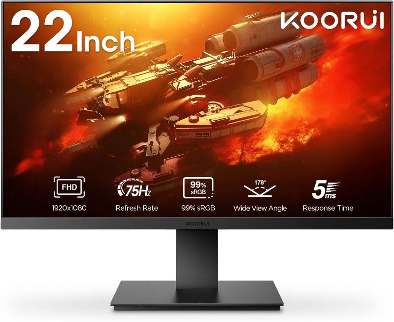 Photo 1 of KOORUI 22 inch 1080P Full HD 75Hz PC Monitor with HDMI VGA Port, 99% sRGB Tilt Adjustment, VESA 22N1
