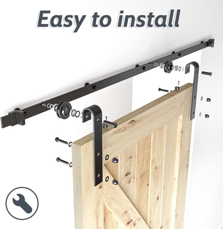 Photo 1 of ***MISSING HARDWARE***

SANKEYTEW 6FT Barn Door Hardware kit, 1/4" Thick Material- Combination Track- Easy to Install- Manual Included- Black (J-5) 6FT?5pcs combine track?