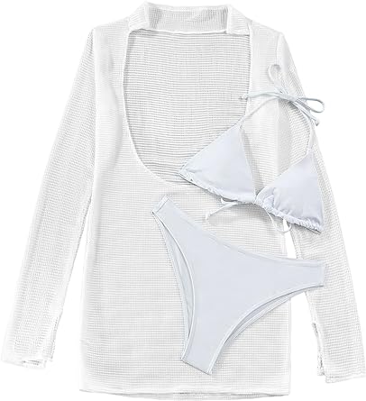 Photo 1 of Lilosy Sexy 3 Piece Fishnet Dress Cover Up Bikini Set Long Sleeve Sheer Beach Swimwear Small Fishnet White
