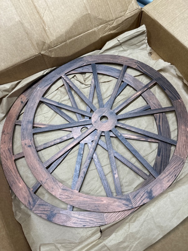 Photo 1 of 2 Pcs 12 Inch Wagon Wheel Decor Wooden Wagon Wheel Vintage Rustic Wall Wood Cartwheel Decor Old Western Style 3D Art Decorative for Bar Garage Indoor Outdoor (Brown)