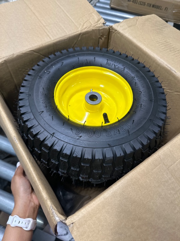 Photo 2 of (2 Pack) AR-PRO Exact Replacement 15" x 6.00-6" Front Tire and Wheel Assemblies for John Deere Riding Mowers - Compatible with John Deere 100 and D100 Series - 3” Centered Hub and 3/4” Bushings 15 x 6.00-6" Yellow