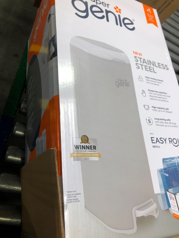 Photo 1 of Diaper Genie Platinum Pail (Stone Grey) is Made in Durable Stainless Steel and Includes 1 Easy Roll Refill with 18 Bags That can Last up to 5 Months.