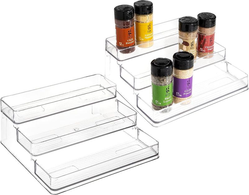 Photo 1 of  Clear Spice Rack - 2 Pack Three-Tiered Shelf, Countertop, and Cabinet Storage and Spice Organizer for Kitchen, Bathroom, Bedroom, and Office, Home Storage and Organization Solutions