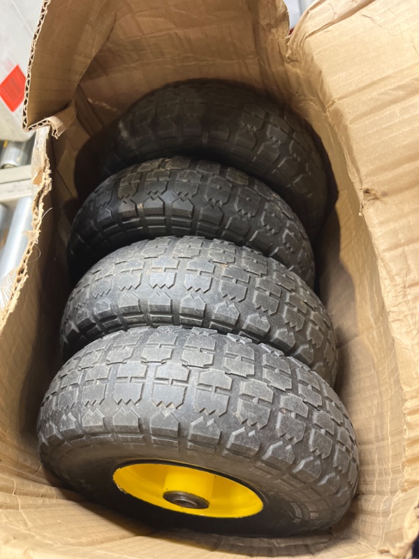 Photo 2 of **DAMAGED/SOLD AS PARTS** (4-Pack) 10-Inch Solid Rubber Tires and Wheels - Replacement 4.10/3.50-4" Tires and Wheels with 5/8" Double Sealed Bearings, 2.17" Offset Hub - Perfect for Gorilla Carts Wheelbarrow, Color Yellow