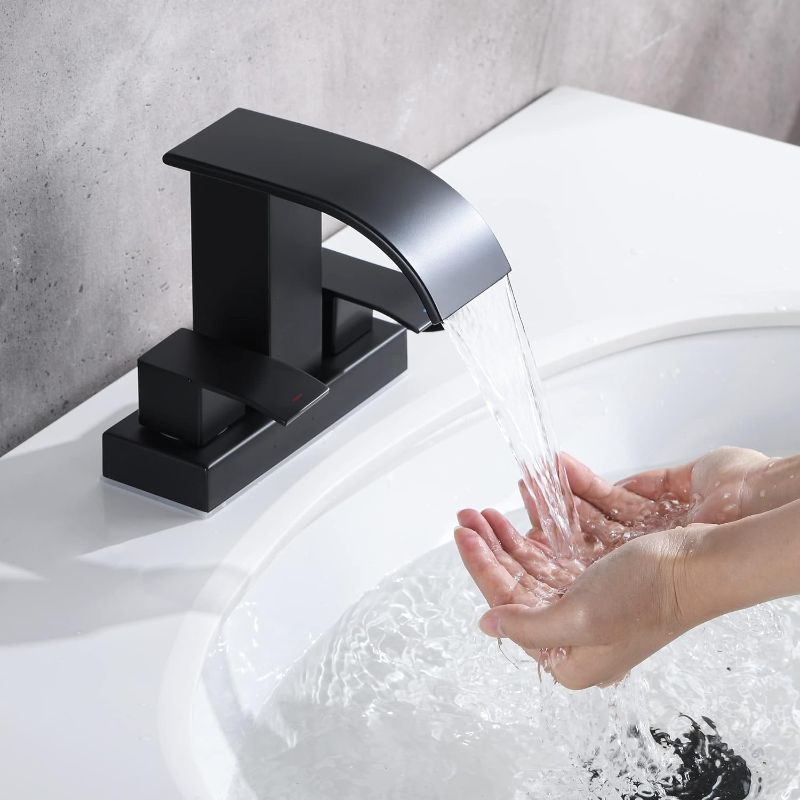 Photo 1 of ???? ??? Waterfall Bathroom Faucet - 2 Handle 4 Inch Centerset Faucet for Lavatory Bathroom Sink, with cUPC Faucet Supply Line Hoses for Bathroom Restroom Vanity Lavatory, Matte Black