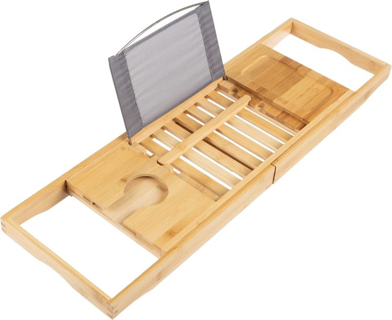 Photo 1 of **USED** Bamboo Bath Caddy-Natural Wood Bathtub Tray with Extending Sides, Secure Cupholders and Water-Proof Book, Tablet, or Phone Holder by Lavish Home
