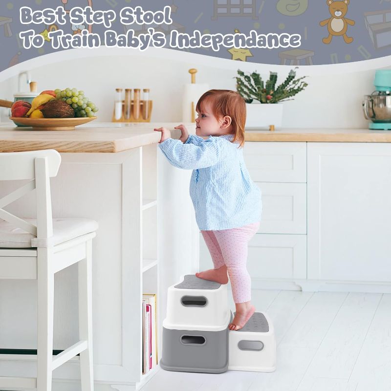 Photo 4 of 2 Step Stools for Kids - Toddler Step Stool with Anti-Slip Sturdy and Numbers/ABC, Toddler Two Step Stool for Toilet Potty Training, Bathroom, Kitchen Bedroom Toy Room and Living Room (Grey)