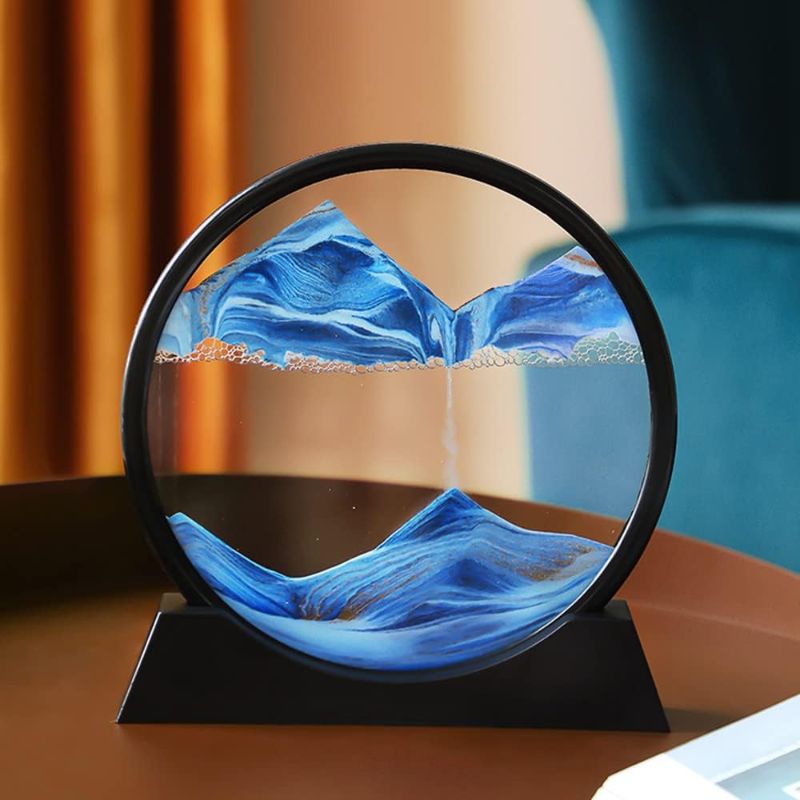 Photo 1 of 3D Dynamic Sand Art Liquid Motion, Moving Sand Art Picture Round Glass 3D Deep Sea Sandscape in Motion Display Flowing Sand Frame Relaxing Desktop Home Office Work Decor (12“, Blue)