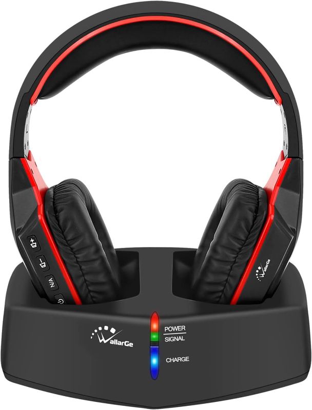 Photo 1 of WallarGe Wireless Headphones for TV Watching with 5.8GHz RF Transmitter Charging Dock, Plug and Play, 100 Ft Wireless Range, Rechargeable 20 Hour Battery (Black with Red)