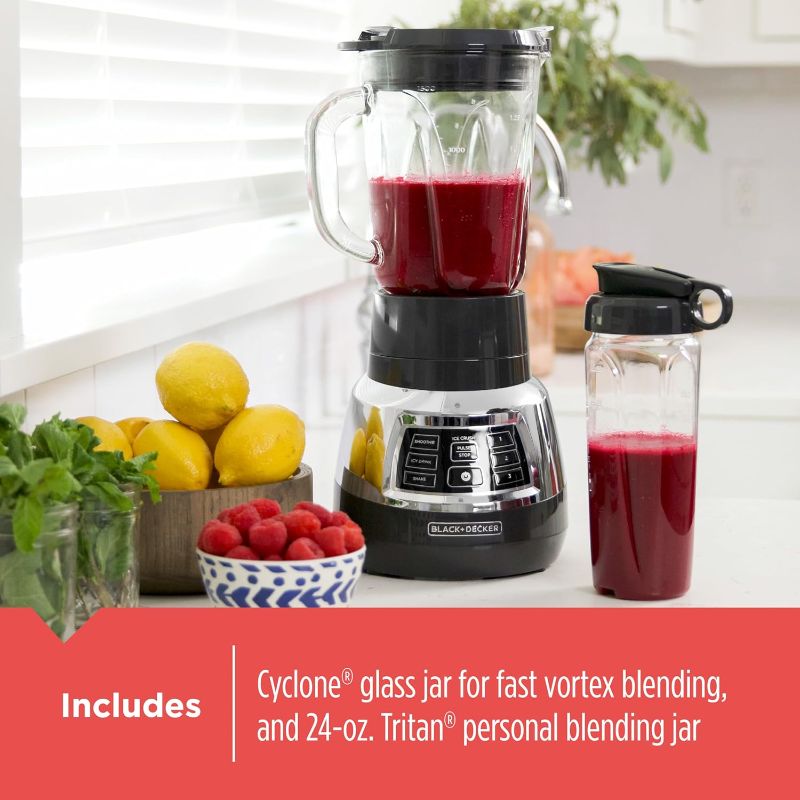 Photo 4 of Black+Decker Quiet Blender with 6-Cup Cyclone Glass Jar, 3 Speeds + 3 Functions & Serrated Blade Technology for Faster Blending, Pulse Button and 24-oz Personal Jar, 900W
 
