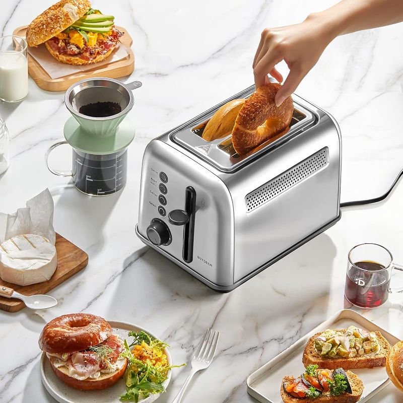 Photo 1 of BUYDEEM DT620 2-Slice Toaster, Extra Wide Slots, Retro Stainless Steel with High Lift Lever, Bagel and Muffin Function, Removal Crumb Tray, 7-Shade Settings,Cozy Greenish