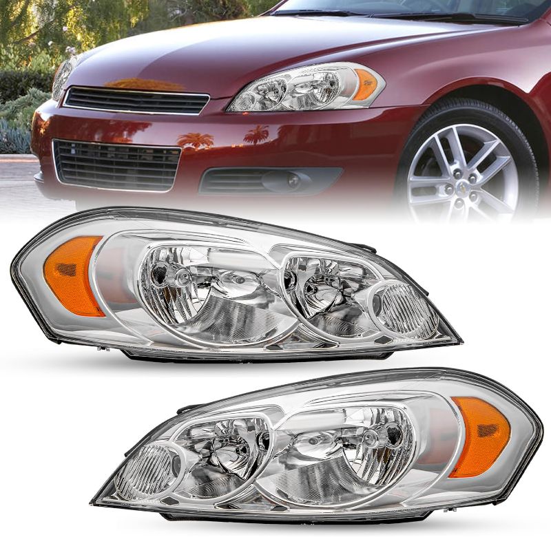 Photo 1 of Fits for 2006-2013 Chevy Impala / 2014-2016 Chevrolet Impala Limited / 2006-2007 Chevy Monte Carlo Headlight Assembly Set Driver and Passenger Side (Chrome Housing with Amber Reflector)
 

