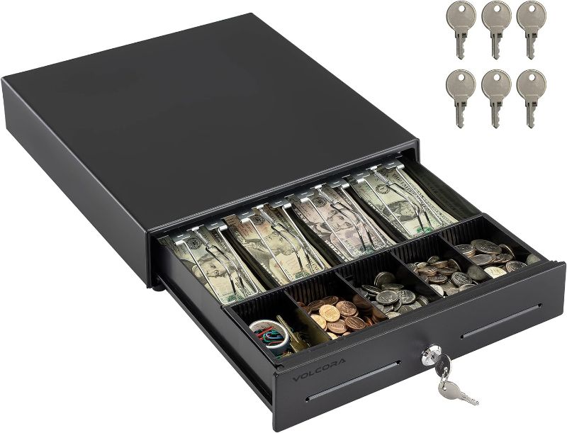 Photo 4 of Volcora Cash Register Drawer for Point of Sale (POS) System with Removable Coin Slots, 5 Bill/6 Coin, 24V, RJ11/RJ12 Key-Lock, Media Slot, Black