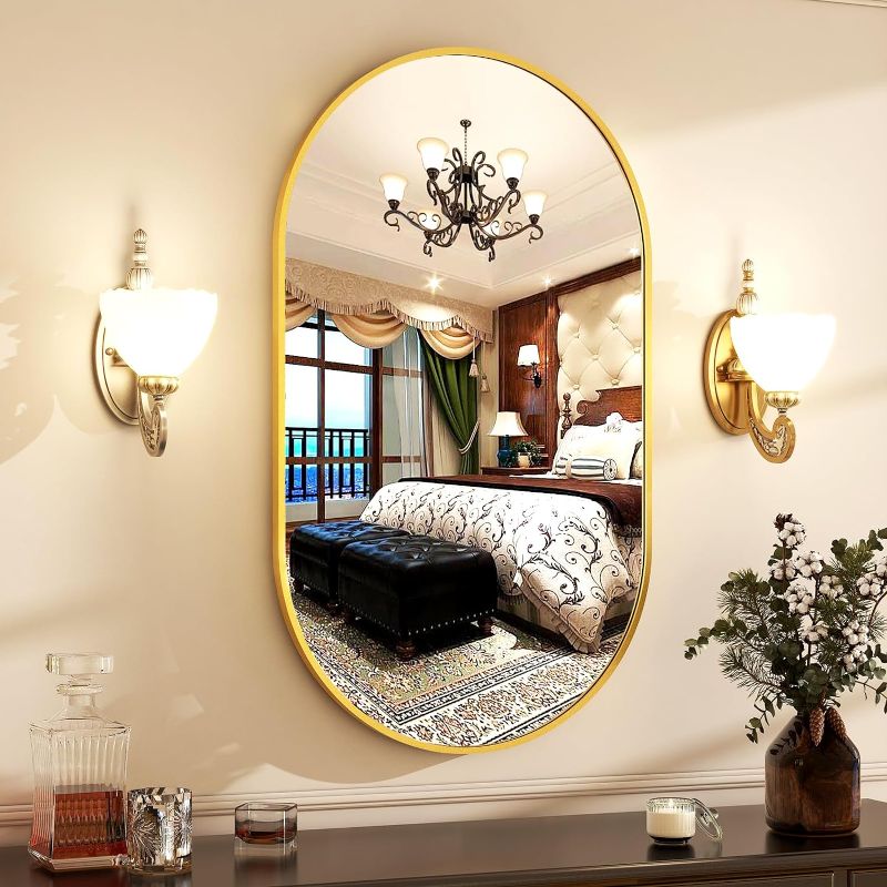 Photo 1 of 22" x 38"Oval Bathroom Mirror Wall Mounted Chic Brushed Metal Frame Hang Vertically & Horizontally Perfect Modern Decor for Bedroom Bathroom Entryway Living Room Gallery Wall,Gold
