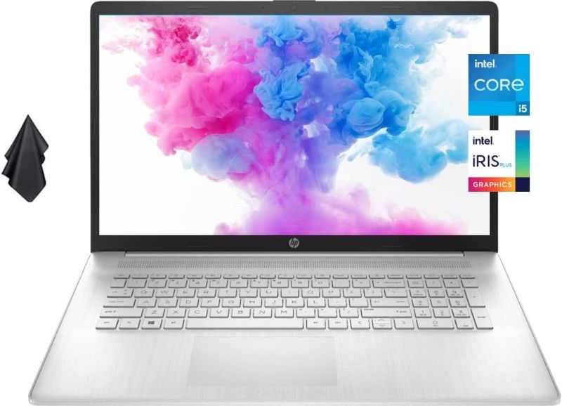 Photo 1 of HP Laptop, 17" HD+ Anti-Glare Screen, 11th Gen Intel Core i5-1135G7, Intel Iris Xe Graphics, Long Battery Life, Webcam, HDMI, Mics, Windows 11 Home, Silver, Microfiber Cloth (32GB RAM | 1TB SSD)