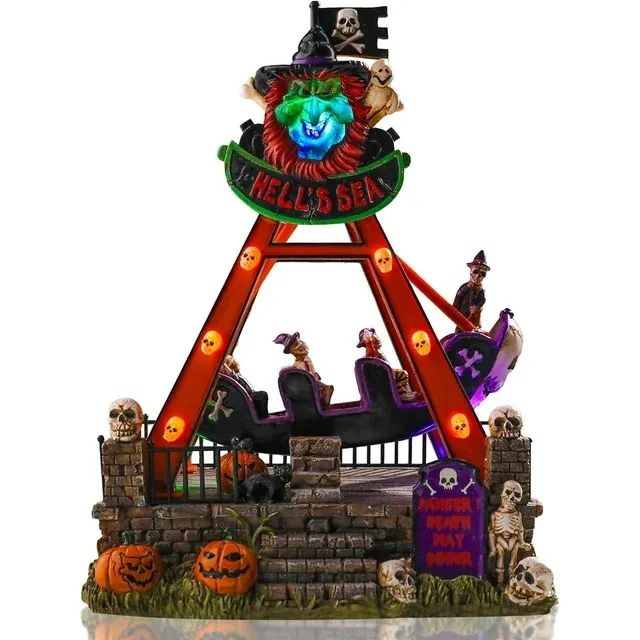 Photo 1 of 11.8 in Halloween Village Indoor Halloween Decorations Pirate Ship Musical Hell's Sea Pendulum LED Swing with Skull Pumpkin Motion and Sound for Indoor and Halloween Party Decor
