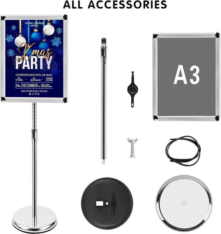 Photo 1 of ZEGNEER Adjustable Sign Holder Stand, Sign Stand with Base, Floor Sign for Display/Poster/Business/Shows/Restaurant/Store, Snap Open Frame, Aluminum, Sliver 