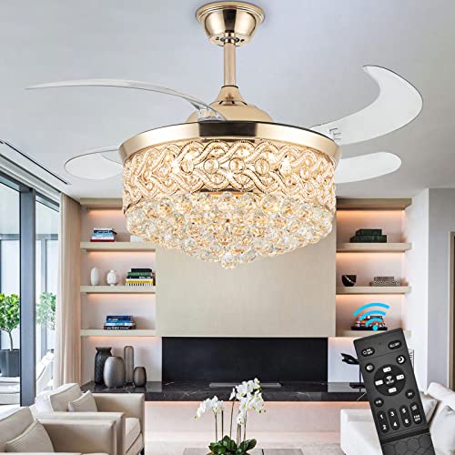 Photo 1 of 42" Ceiling Fans with Lights and Remote, Modern Retractable Invisible Chandelier Ceiling Fan Light with 4 Retractable ABS Blades for Bedroom Living Ro
