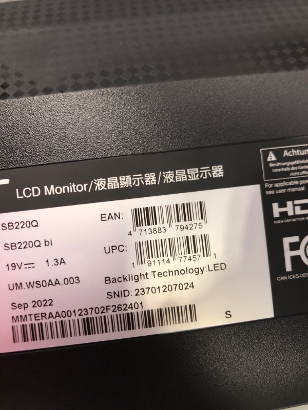 Photo 1 of Acer 21.5 Inch Full HD (1920 x 1080) IPS Ultra-Thin Zero Frame Computer Monitor (HDMI & VGA Port), SB220Q bi