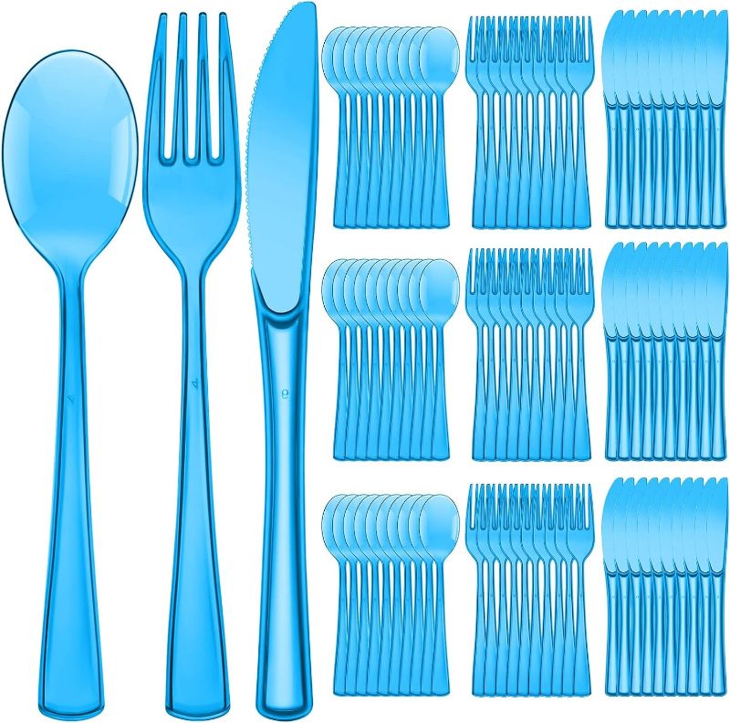 Photo 1 of 150 Pieces Disposable Cutlery Set Plastic Silverware Heavy Duty Utensil Sets 50 Forks 50 Knives 50 Spoons for Home Office School Party Picnics Restaurant Outdoor Events or Every Day Use (Blue)