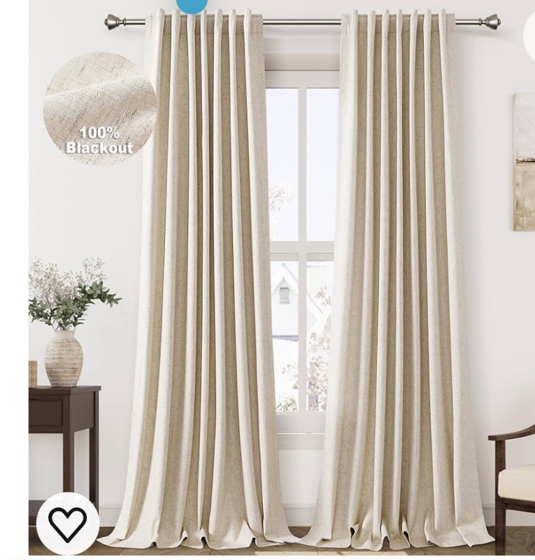 Photo 1 of 100% Blackout Beige Linen Curtains 96 inches Long for Bedroom Back Tab Thermal Insulated Black Out Window Curtain Full Light Blocking Room Darkening Curtains for Living Room Guest Playroom 8 FT