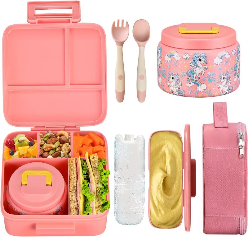 Photo 1 of Bento Lunch Box for Kids With 8oz Soup Thermo,Leak-proof Lunch Containers with 5 Compartment,Thermos Food Jar and Lunch Bag, Food Containers for School (A-Pink(Fantasy Unicorn))
