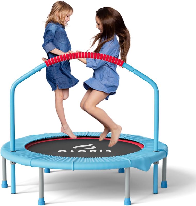 Photo 1 of CLORIS 38in/40in Folding Trampoline Mini Rebounder Fitness Trampoline with Adjustable Foam Handle for Kids/Adult, with safty Padded Cover Best Gift for Kids/Adult Blue