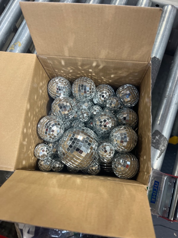 Photo 1 of 50 Pcs Disco Balls Ornaments Mini Disco Balls Silver Hanging Decorations Reflective Mirror Ball Cake Decoration 70s Disco Party Supplies for Christmas Festive (1.2 Inch, 2 Inch, 3.2 Inch, 4 Inch)