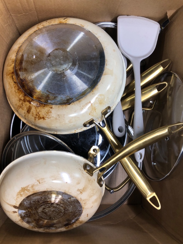 Photo 2 of ***HEAVYLY USED POTS, NEED CLEANING***Ceramic Pots and Pans Set - Kitchen Cookware Sets Nontsick Non Toxic Cookware Set With Dutch Oven, Frying Pan, Saucepan, Sauté Pan, Cooking Utensils Set, Gold Pots and Pans for Cooking Set Gifts 16 PCS Ceramic Cookwar