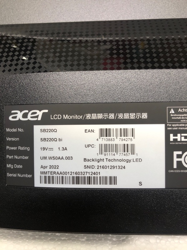 Photo 1 of Acer 21.5 Inch Full HD (1920 x 1080) IPS Ultra-Thin Zero Frame Computer Monitor (HDMI & VGA Port), SB220Q bi