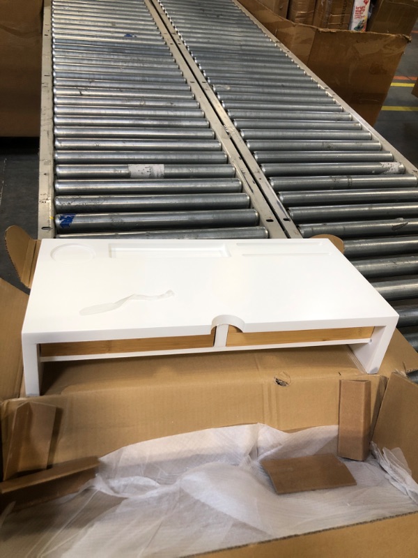 Photo 1 of Computer Monitor Stand with Drawers - White Wood Laptop Screen Printer TV Riser 22.05L 10.60W 4.70H inch, Desk Organizer in Home&Office White Bamboo 22.05 x 10.6 x 4.7 inch