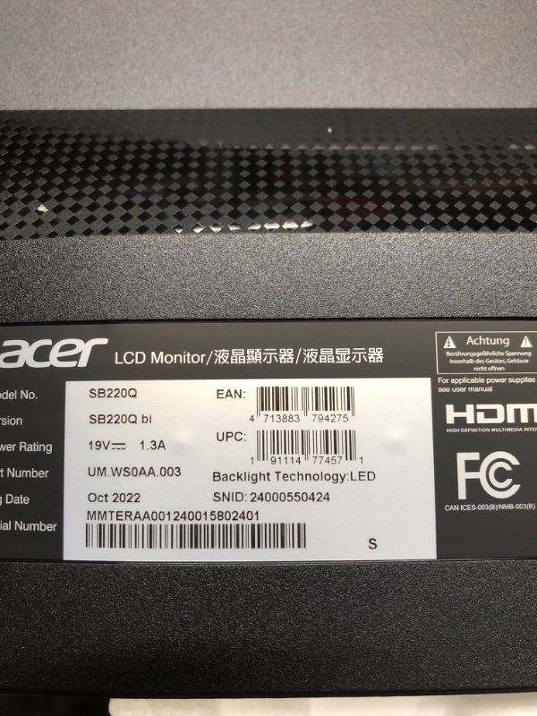 Photo 3 of Acer 21.5 Inch Full HD (1920 x 1080) IPS Ultra-Thin Zero Frame Computer Monitor (HDMI & VGA Port), SB220Q bi