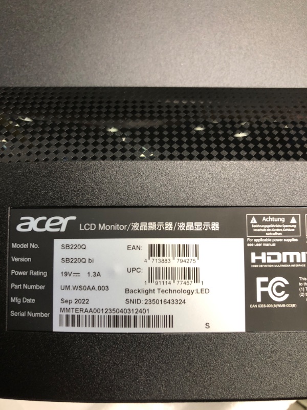 Photo 5 of Acer 21.5 Inch Full HD (1920 x 1080) IPS Ultra-Thin Zero Frame Computer Monitor (HDMI & VGA Port), SB220Q bi